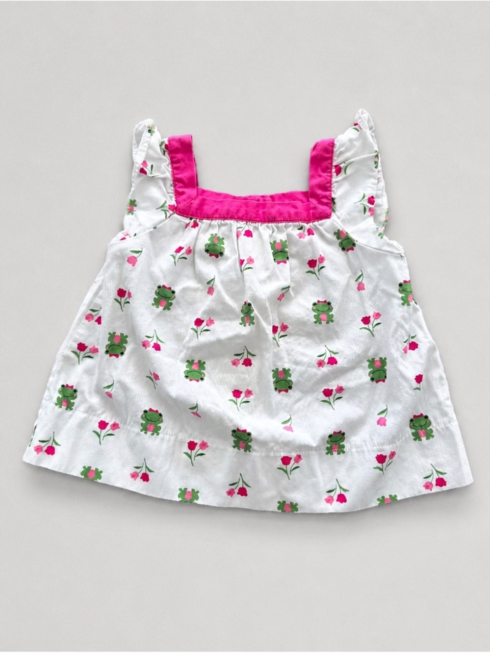 Gymboree White Cotton Toddler Dress with Pink Trim and Green Frog Print
